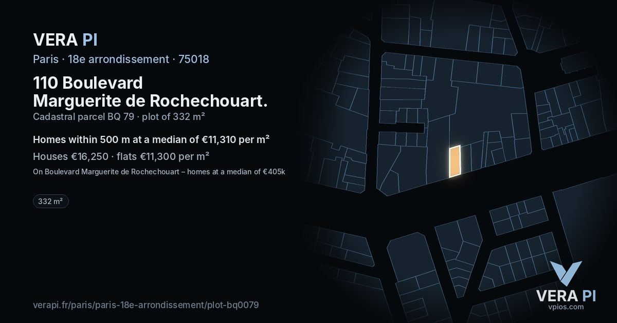110 Boulevard Marguerite de Rochechouart, 18e arrondissement at night – the plot lit, the parcels around coloured by the prices near them