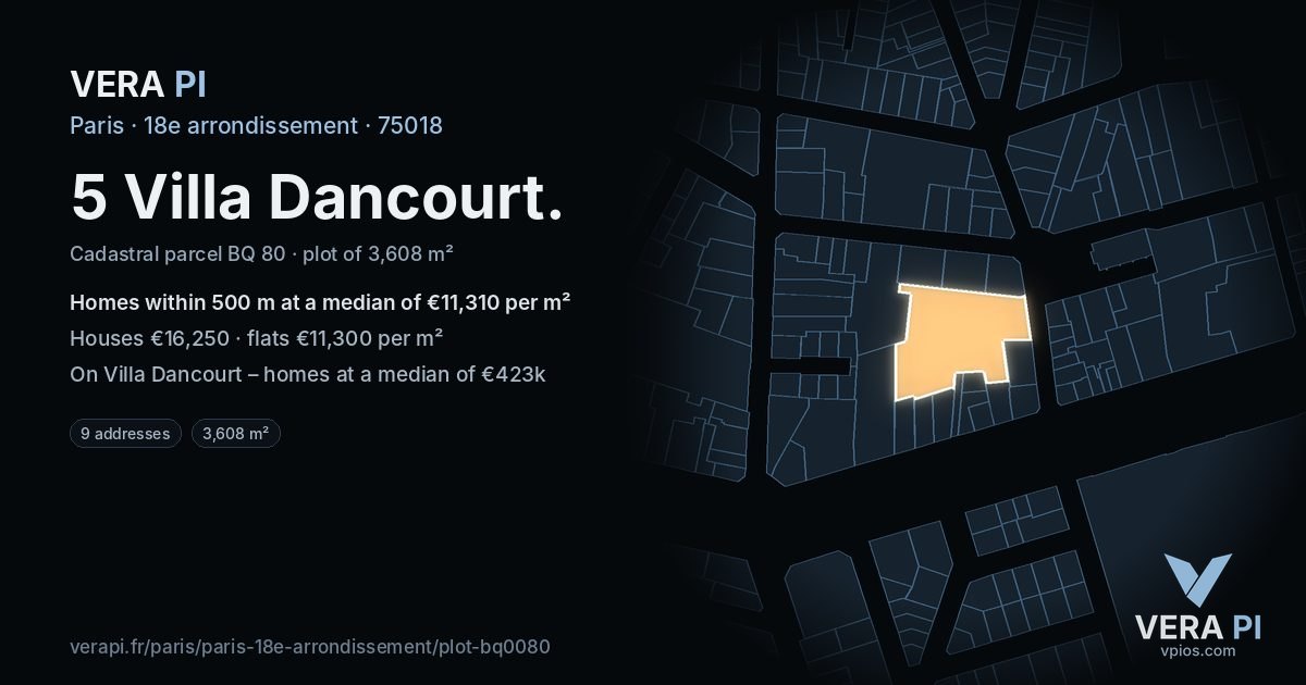 5 Villa Dancourt, 18e arrondissement at night – the plot lit, the parcels around coloured by the prices near them