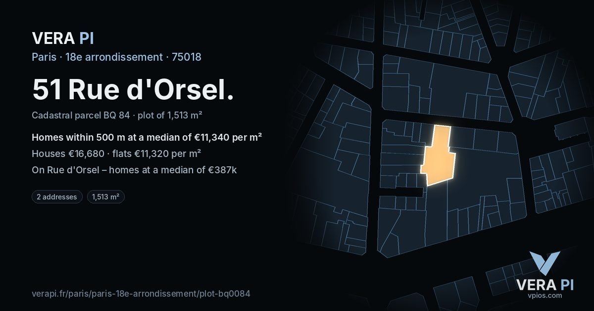 51 Rue d'Orsel, 18e arrondissement at night – the plot lit, the parcels around coloured by the prices near them