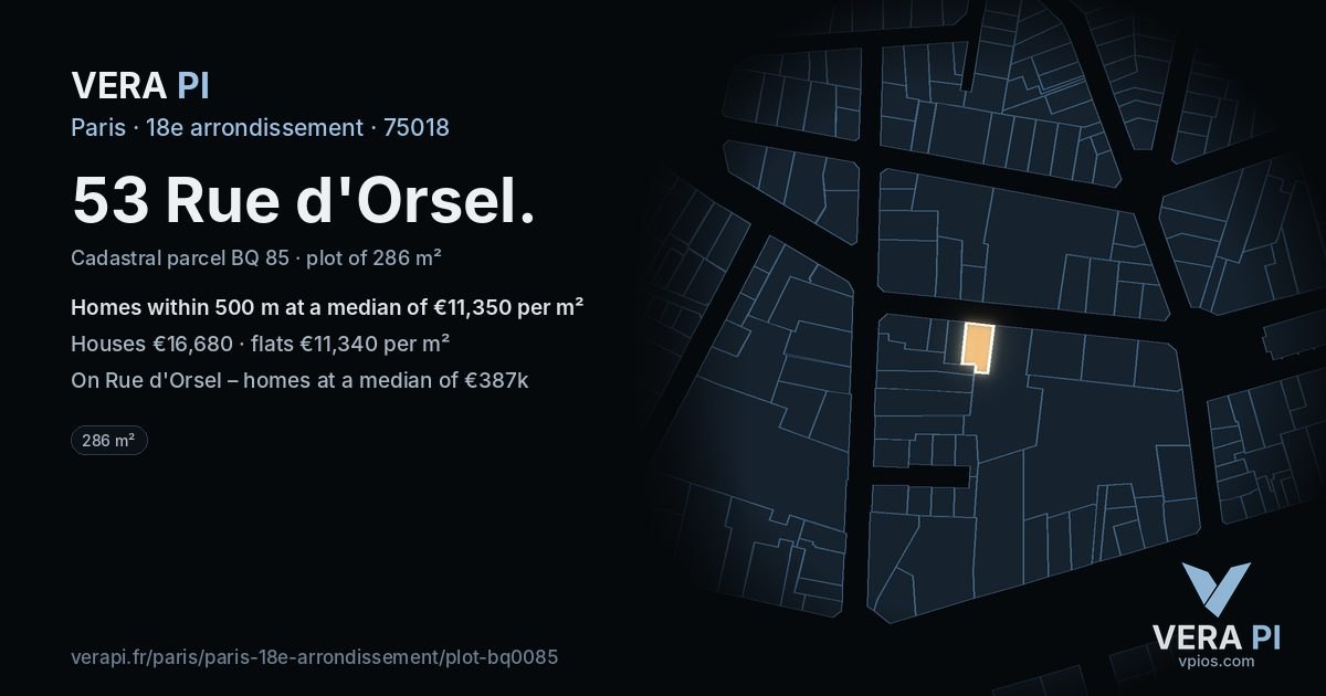 53 Rue d'Orsel, 18e arrondissement at night – the plot lit, the parcels around coloured by the prices near them