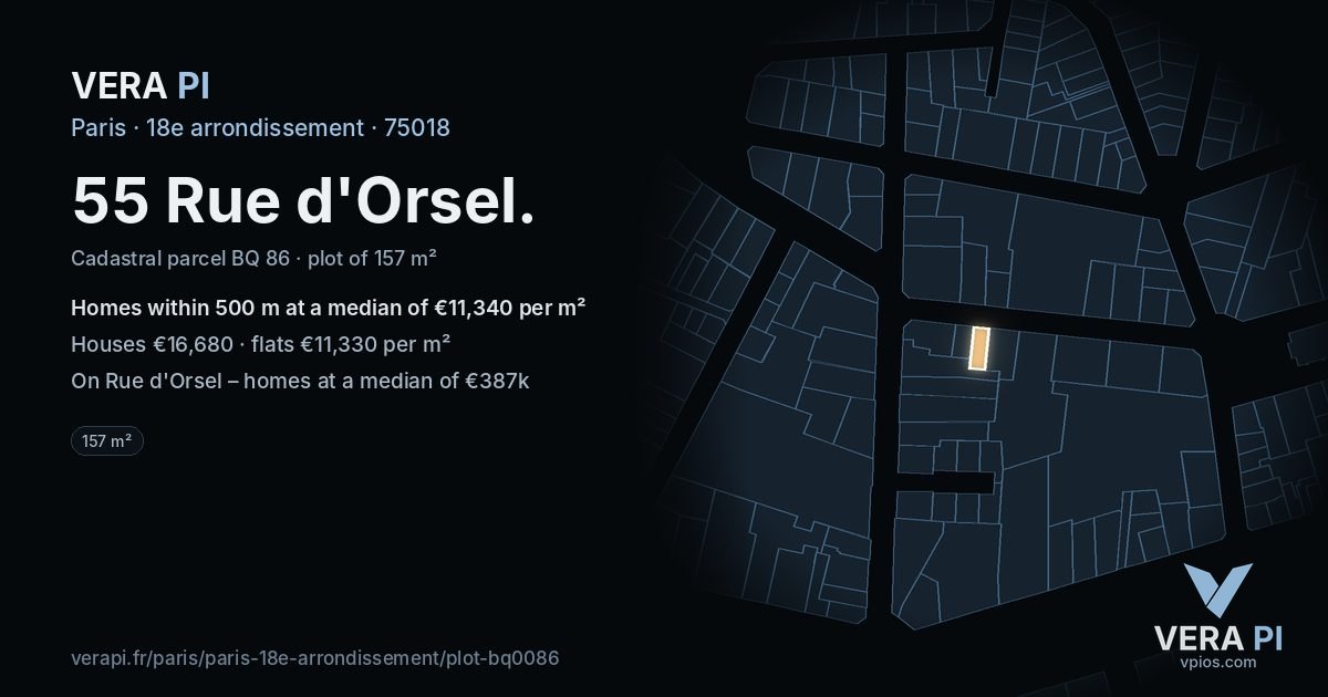 55 Rue d'Orsel, 18e arrondissement at night – the plot lit, the parcels around coloured by the prices near them