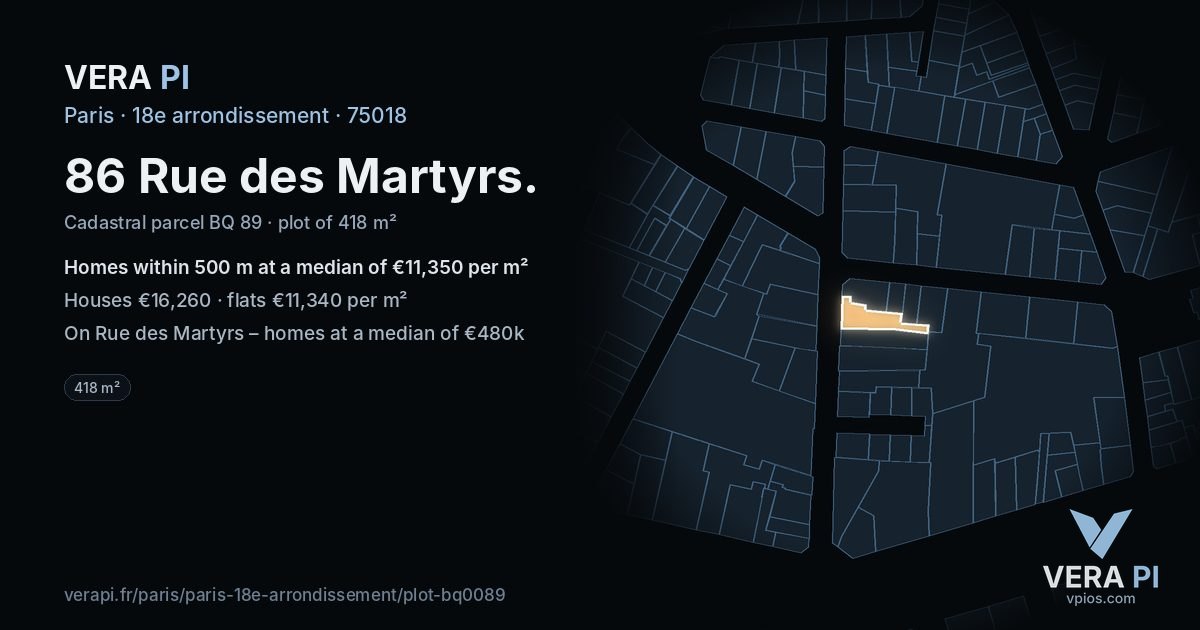 86 Rue des Martyrs, 18e arrondissement at night – the plot lit, the parcels around coloured by the prices near them