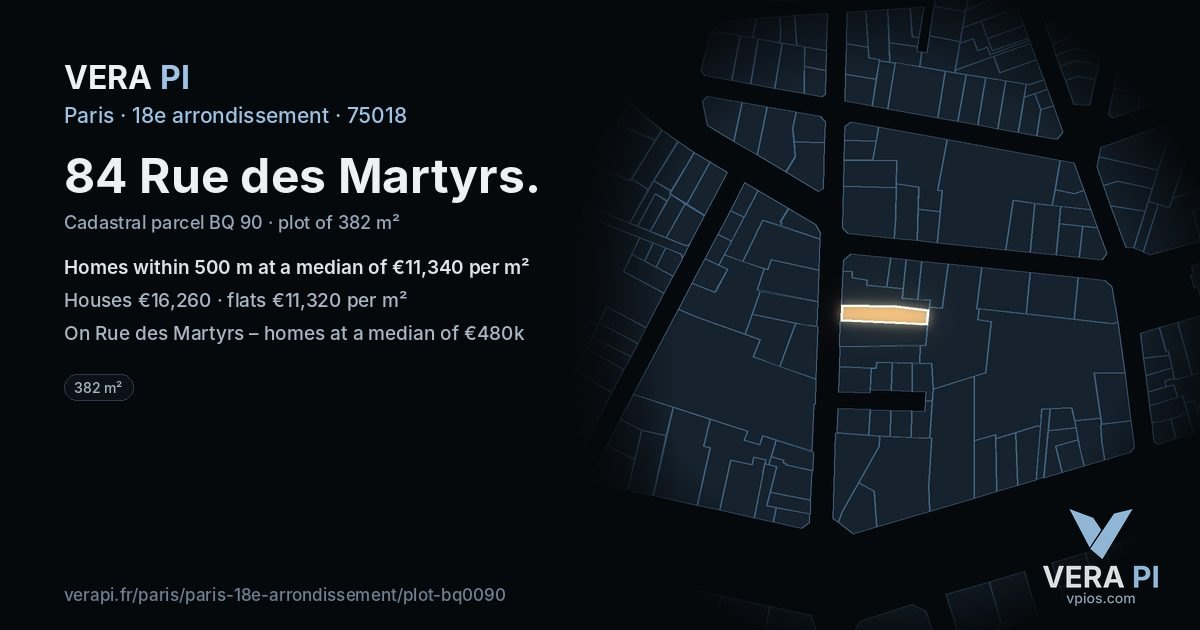 84 Rue des Martyrs, 18e arrondissement at night – the plot lit, the parcels around coloured by the prices near them