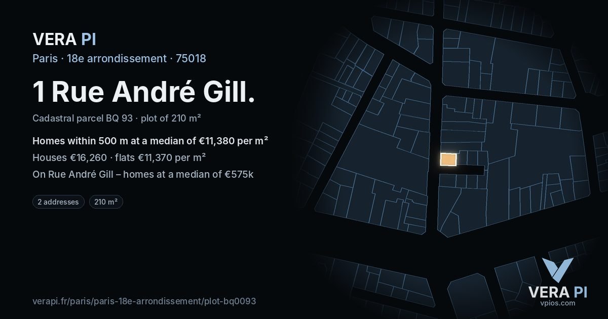1 Rue André Gill, 18e arrondissement at night – the plot lit, the parcels around coloured by the prices near them