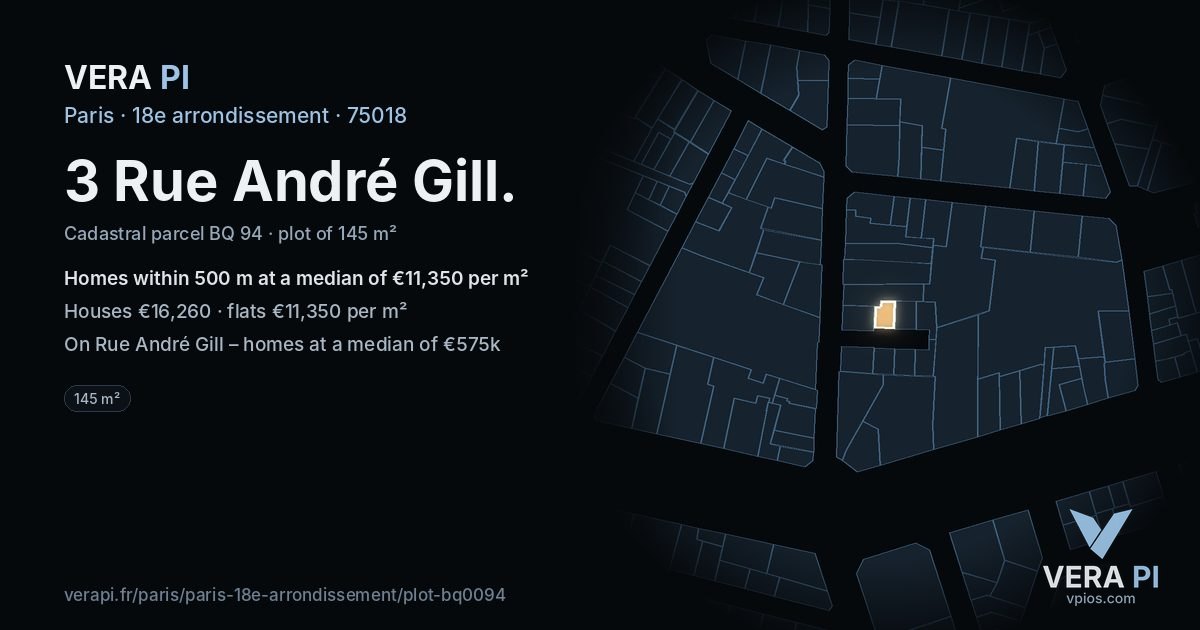 3 Rue André Gill, 18e arrondissement at night – the plot lit, the parcels around coloured by the prices near them