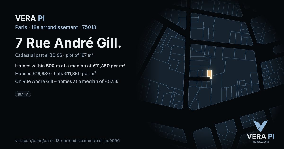 7 Rue André Gill, 18e arrondissement at night – the plot lit, the parcels around coloured by the prices near them