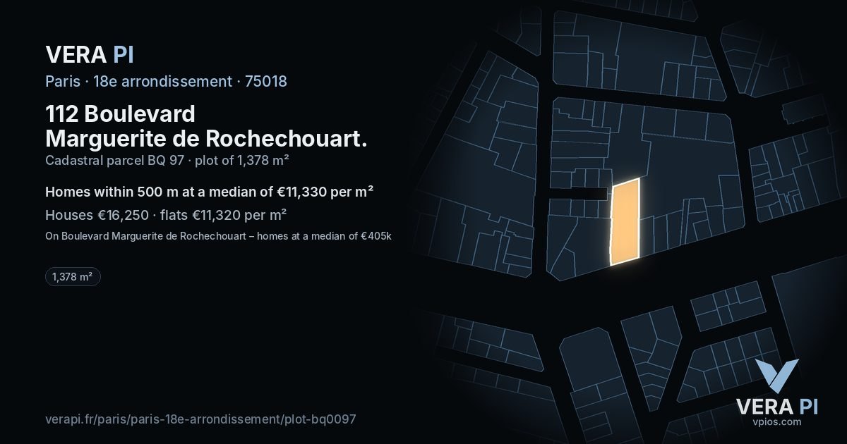 112 Boulevard Marguerite de Rochechouart, 18e arrondissement at night – the plot lit, the parcels around coloured by the prices near them