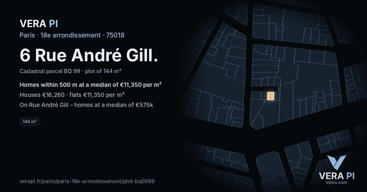 6 Rue André Gill, 18e arrondissement at night – the plot lit, the parcels around coloured by the prices near them