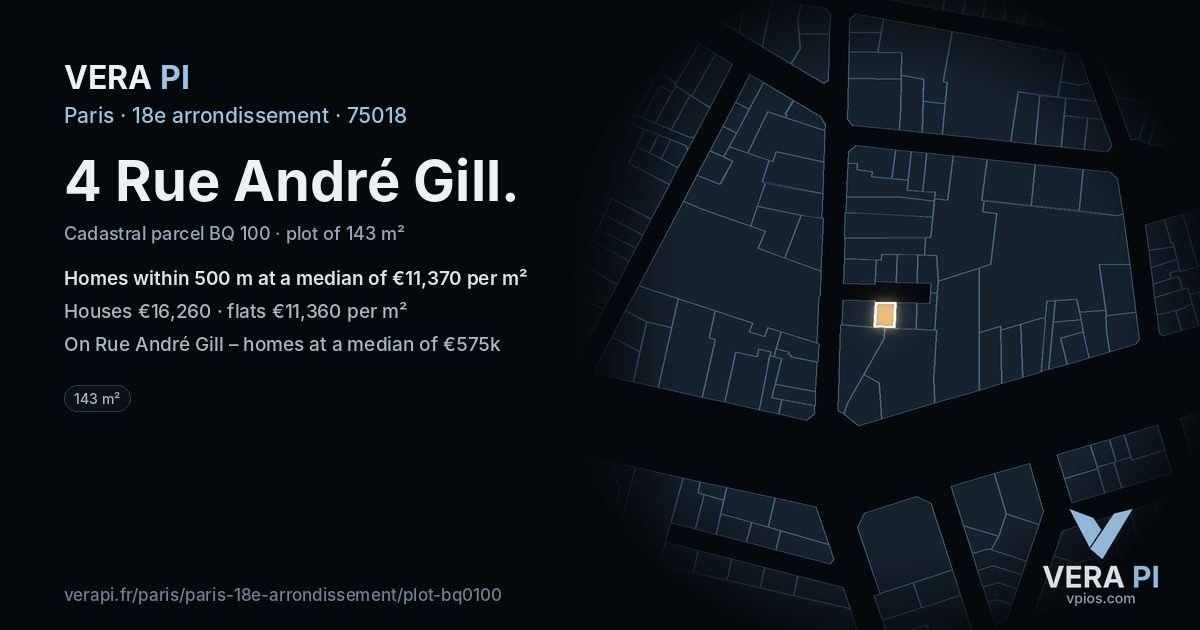 4 Rue André Gill, 18e arrondissement at night – the plot lit, the parcels around coloured by the prices near them