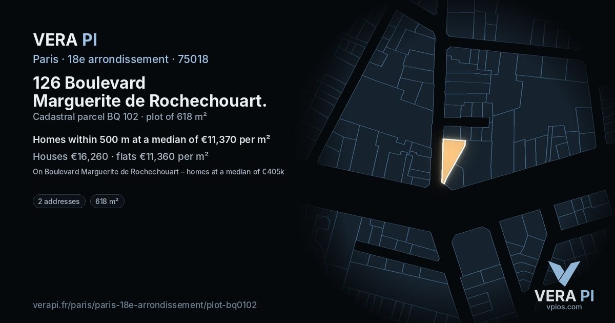126 Boulevard Marguerite de Rochechouart, 18e arrondissement at night – the plot lit, the parcels around coloured by the prices near them