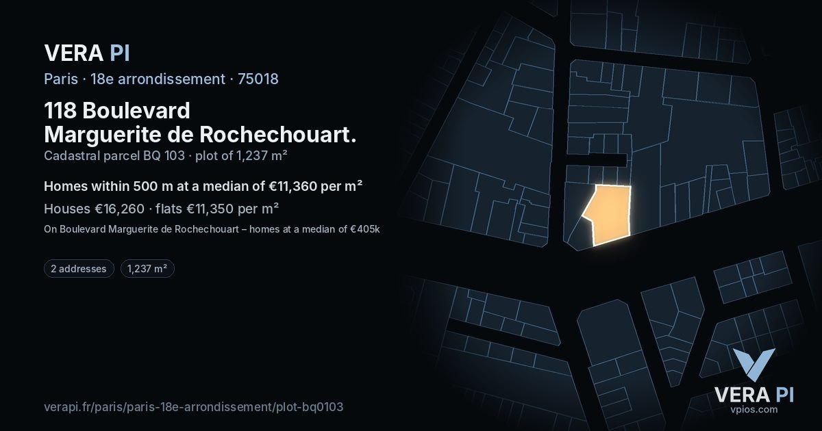 118 Boulevard Marguerite de Rochechouart, 18e arrondissement at night – the plot lit, the parcels around coloured by the prices near them