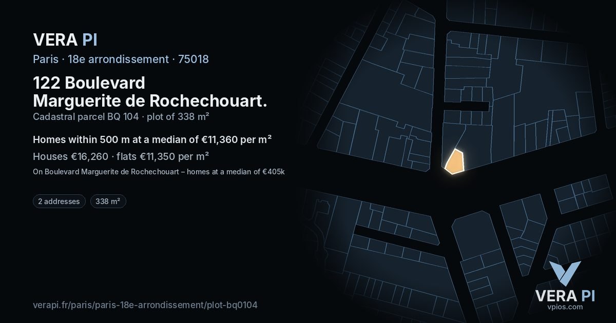 122 Boulevard Marguerite de Rochechouart, 18e arrondissement at night – the plot lit, the parcels around coloured by the prices near them