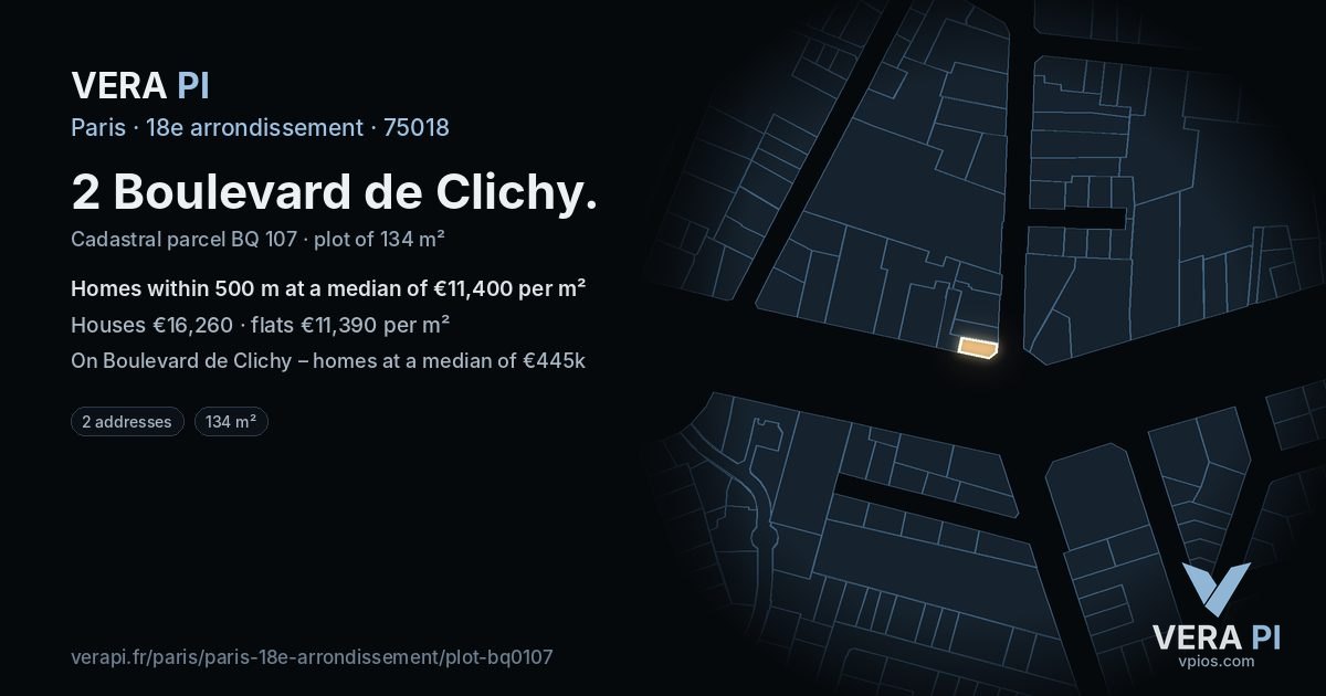 2 Boulevard de Clichy, 18e arrondissement at night – the plot lit, the parcels around coloured by the prices near them