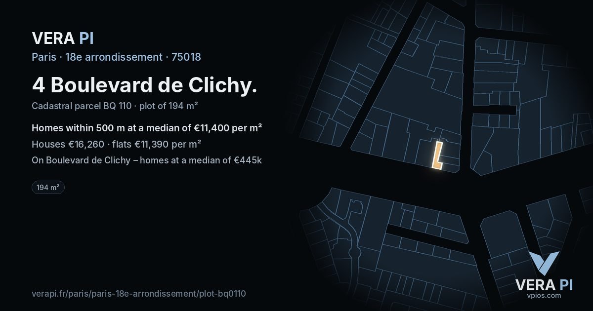4 Boulevard de Clichy, 18e arrondissement at night – the plot lit, the parcels around coloured by the prices near them