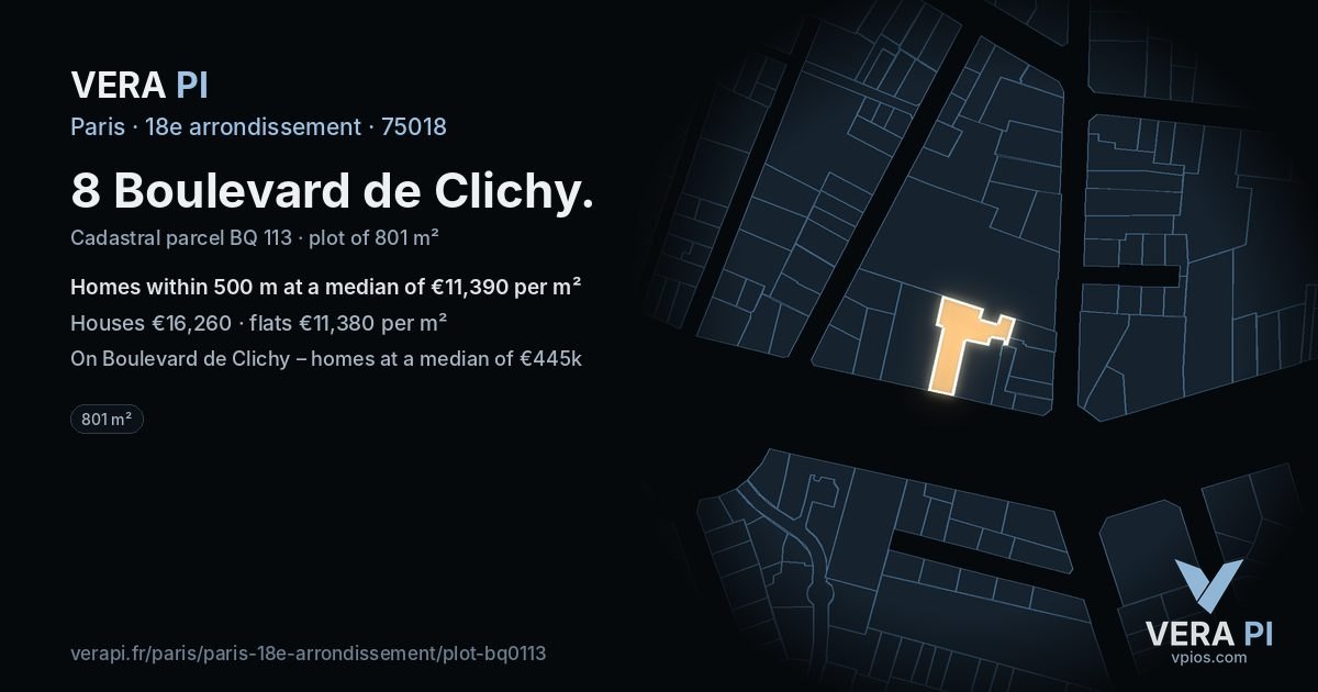 8 Boulevard de Clichy, 18e arrondissement at night – the plot lit, the parcels around coloured by the prices near them