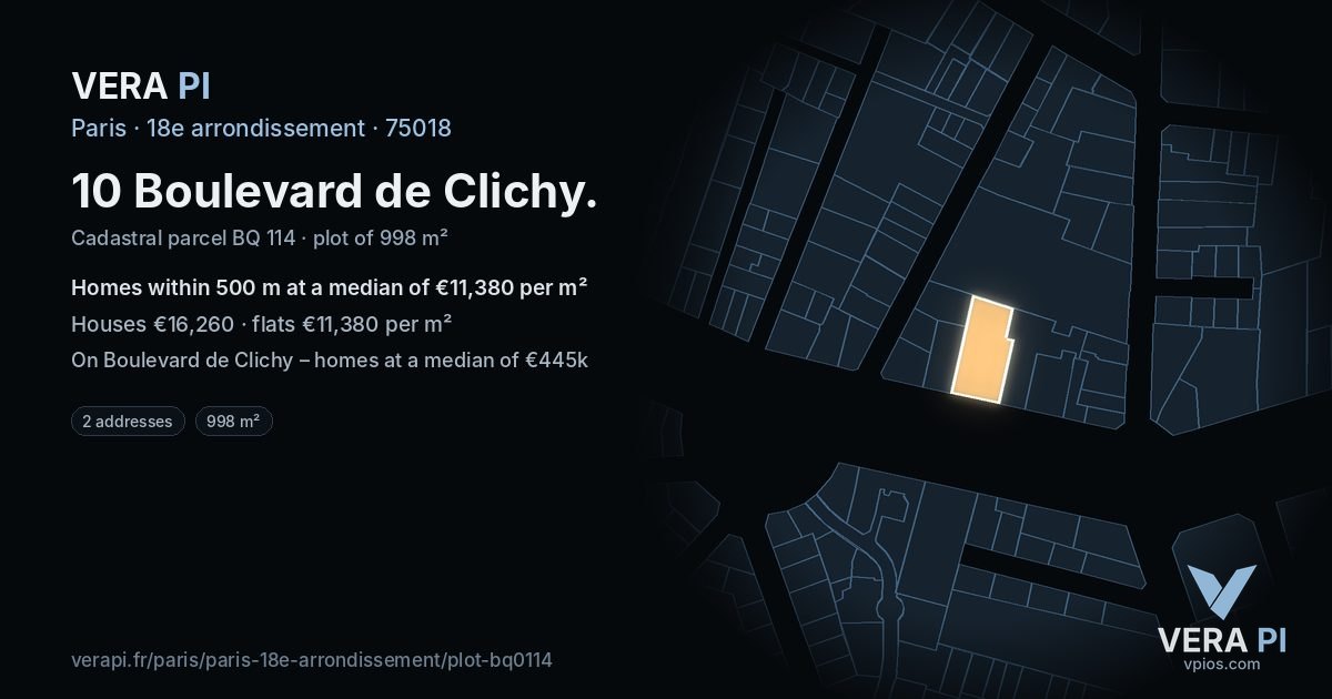 10 Boulevard de Clichy, 18e arrondissement at night – the plot lit, the parcels around coloured by the prices near them