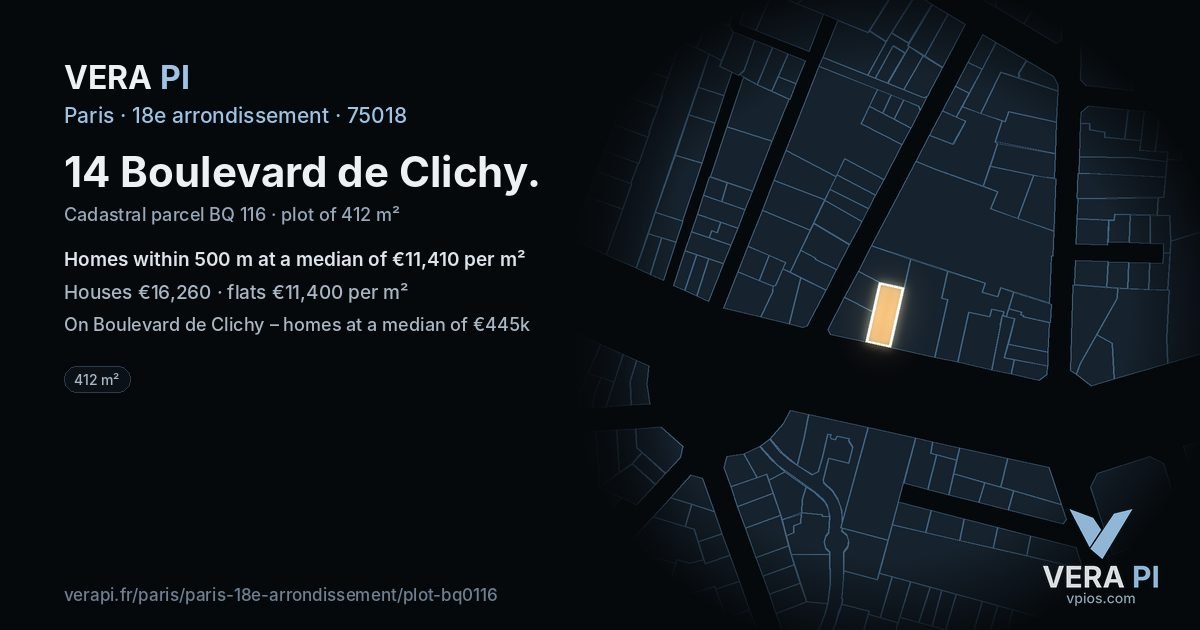 14 Boulevard de Clichy, 18e arrondissement at night – the plot lit, the parcels around coloured by the prices near them
