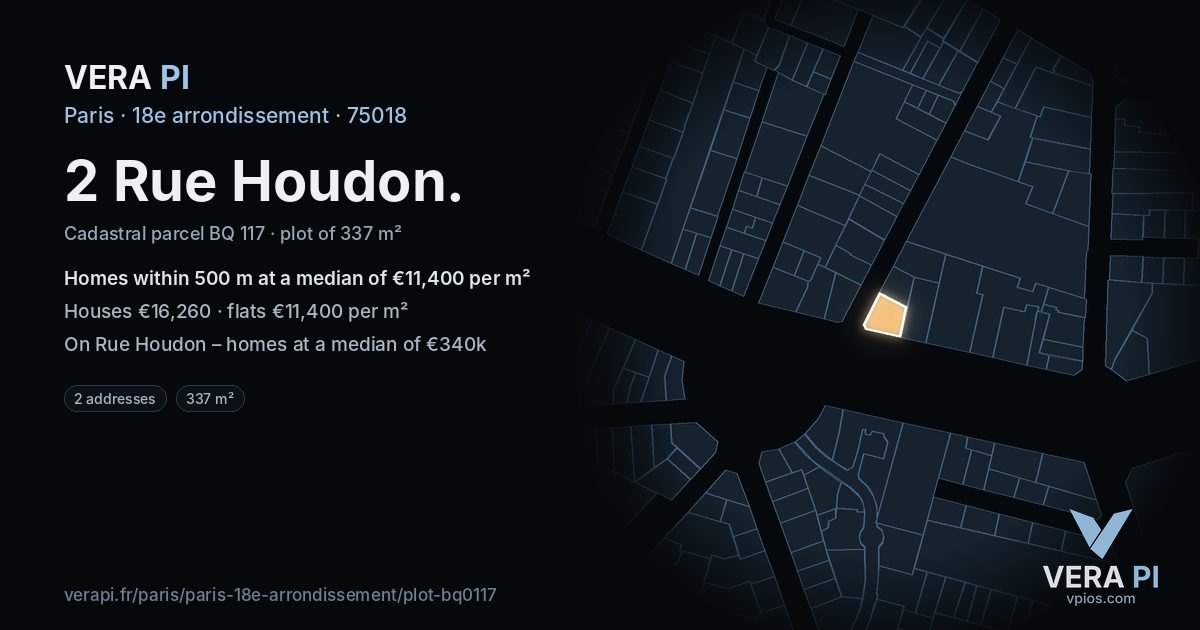 2 Rue Houdon, 18e arrondissement at night – the plot lit, the parcels around coloured by the prices near them