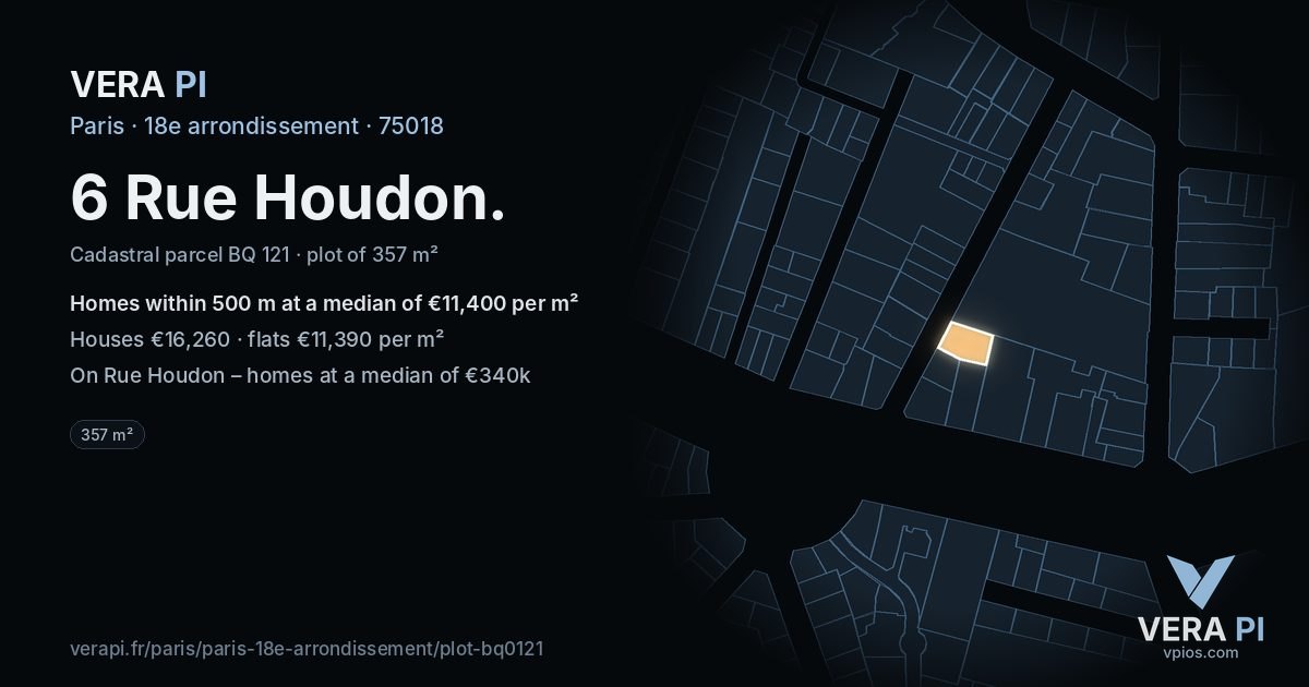 6 Rue Houdon, 18e arrondissement at night – the plot lit, the parcels around coloured by the prices near them