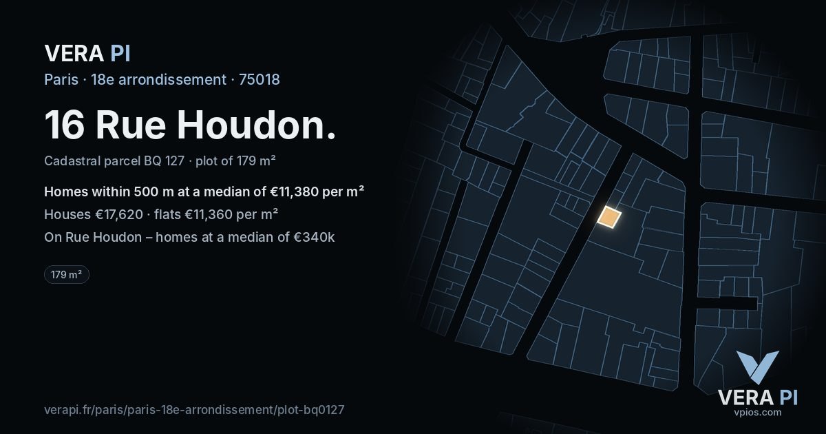 16 Rue Houdon, 18e arrondissement at night – the plot lit, the parcels around coloured by the prices near them
