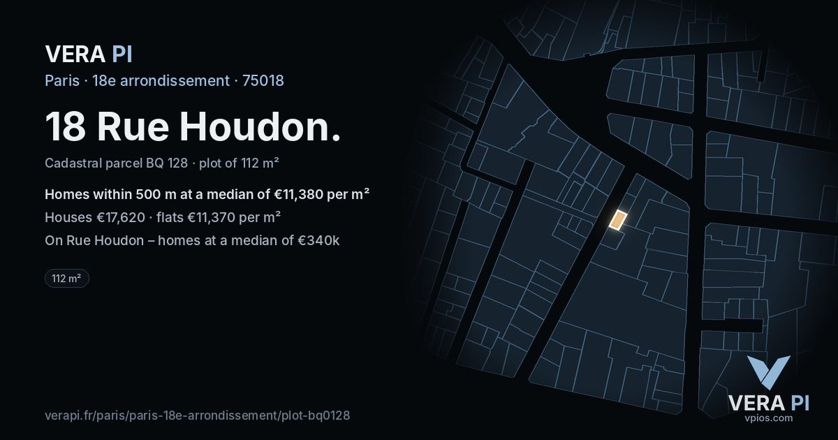 18 Rue Houdon, 18e arrondissement at night – the plot lit, the parcels around coloured by the prices near them