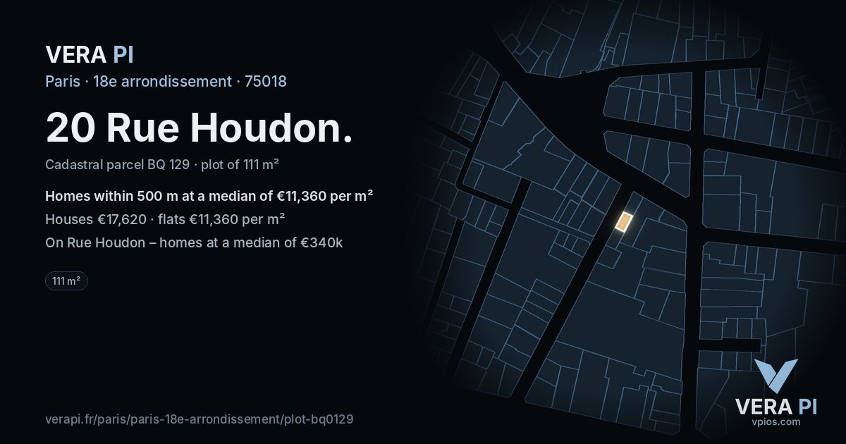 20 Rue Houdon, 18e arrondissement at night – the plot lit, the parcels around coloured by the prices near them