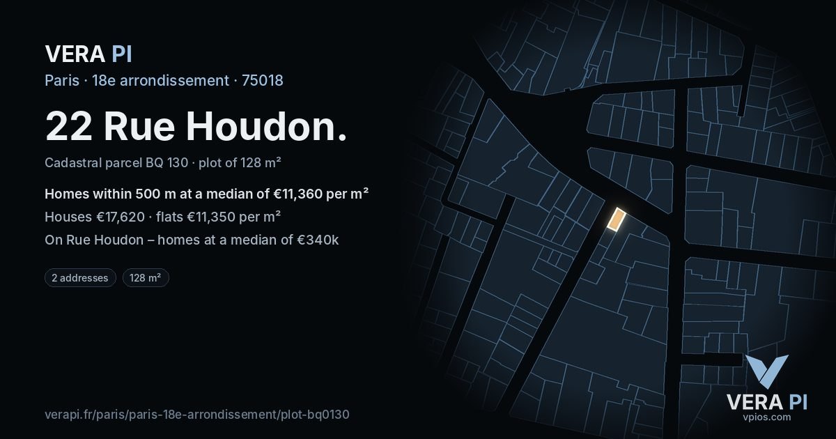 22 Rue Houdon, 18e arrondissement at night – the plot lit, the parcels around coloured by the prices near them