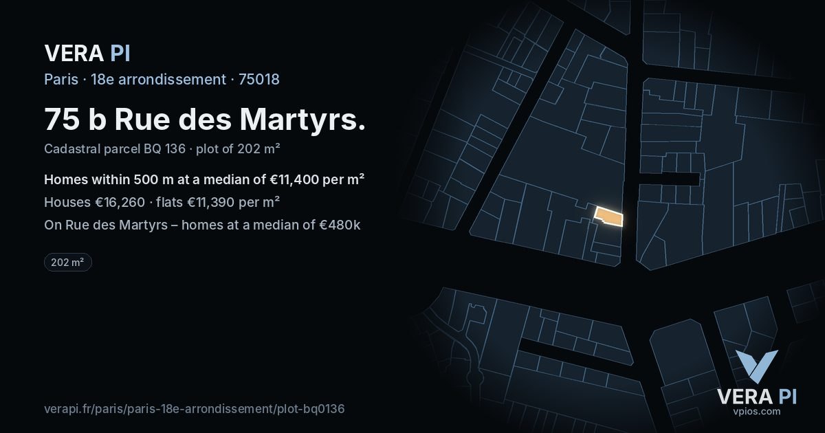 75 b Rue des Martyrs, 18e arrondissement at night – the plot lit, the parcels around coloured by the prices near them