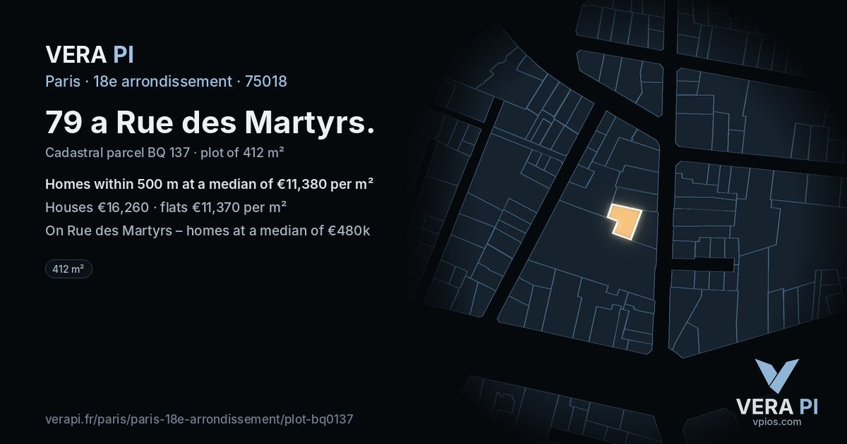 79 a Rue des Martyrs, 18e arrondissement at night – the plot lit, the parcels around coloured by the prices near them