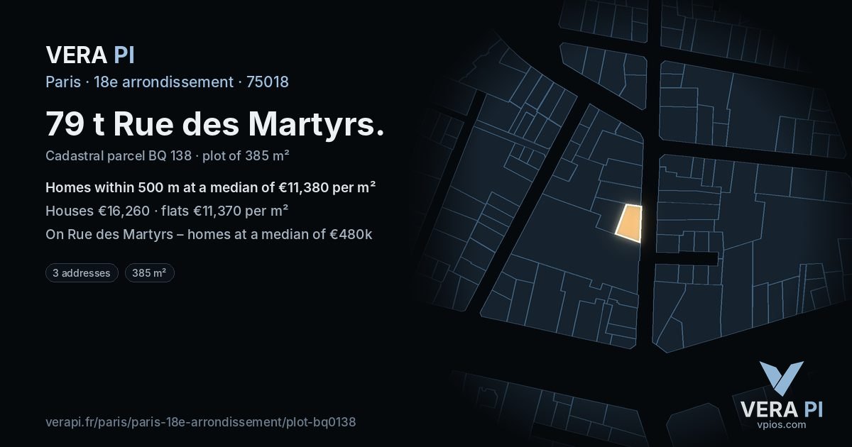 79 t Rue des Martyrs, 18e arrondissement at night – the plot lit, the parcels around coloured by the prices near them