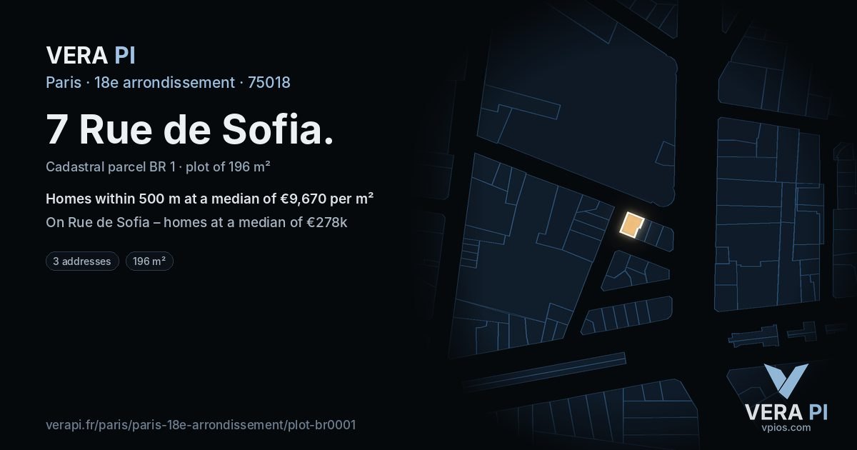 7 Rue de Sofia, 18e arrondissement at night – the plot lit, the parcels around coloured by the prices near them
