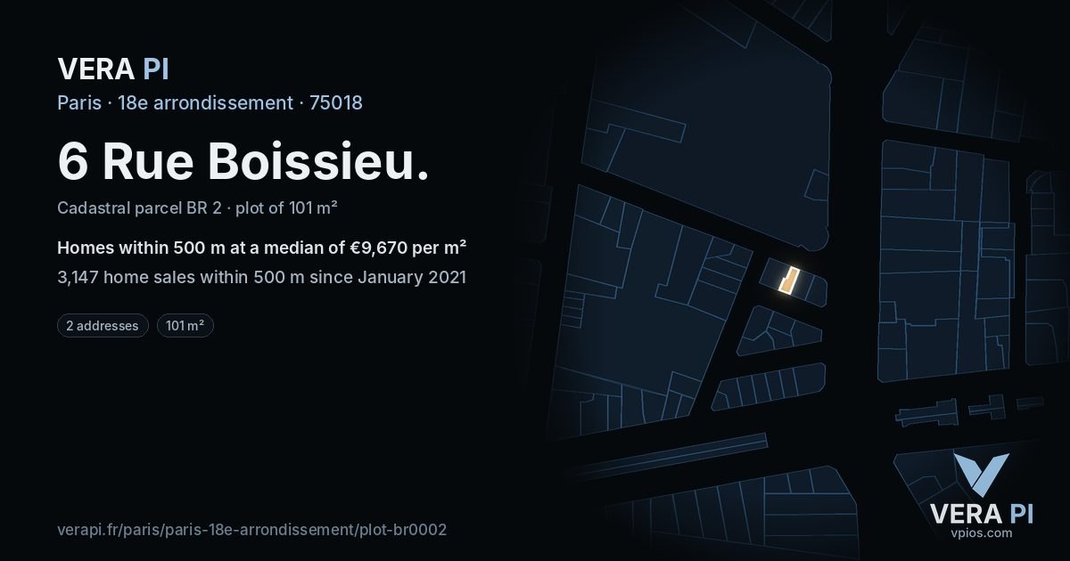 6 Rue Boissieu, 18e arrondissement at night – the plot lit, the parcels around coloured by the prices near them