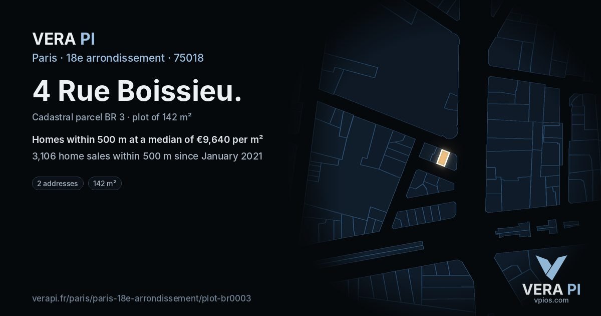 4 Rue Boissieu, 18e arrondissement at night – the plot lit, the parcels around coloured by the prices near them