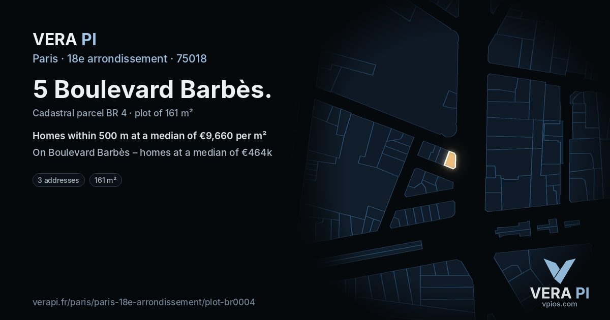 5 Boulevard Barbès, 18e arrondissement at night – the plot lit, the parcels around coloured by the prices near them