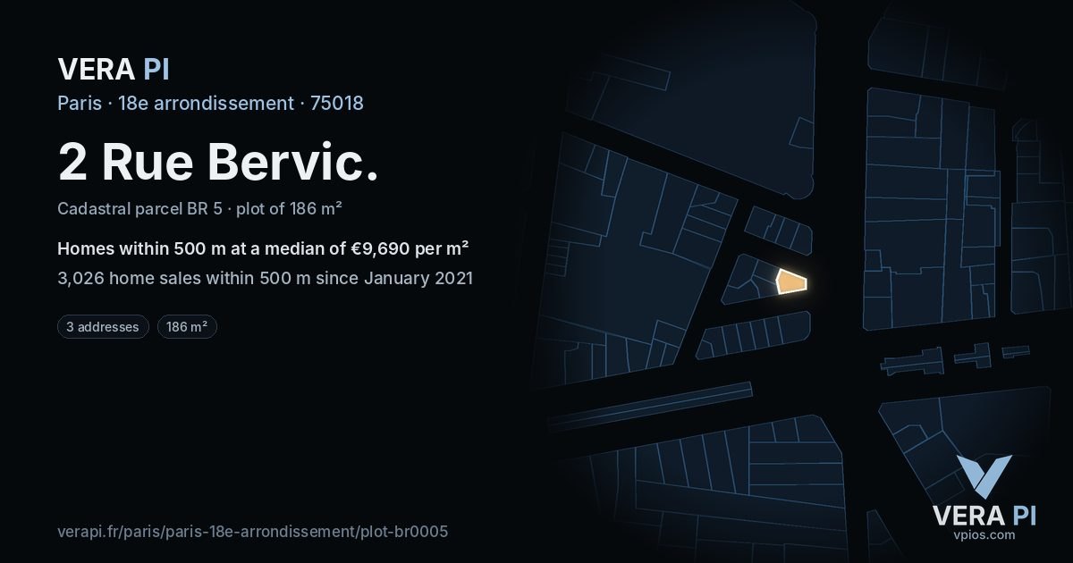 2 Rue Bervic, 18e arrondissement at night – the plot lit, the parcels around coloured by the prices near them