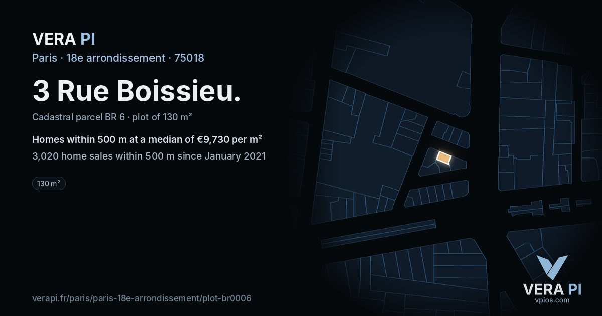 3 Rue Boissieu, 18e arrondissement at night – the plot lit, the parcels around coloured by the prices near them