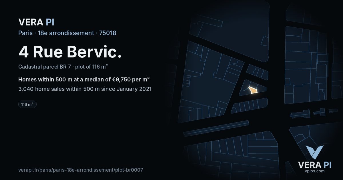 4 Rue Bervic, 18e arrondissement at night – the plot lit, the parcels around coloured by the prices near them