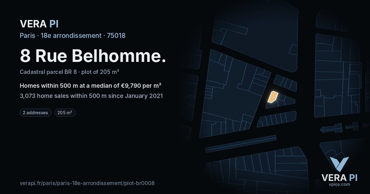 8 Rue Belhomme, 18e arrondissement at night – the plot lit, the parcels around coloured by the prices near them