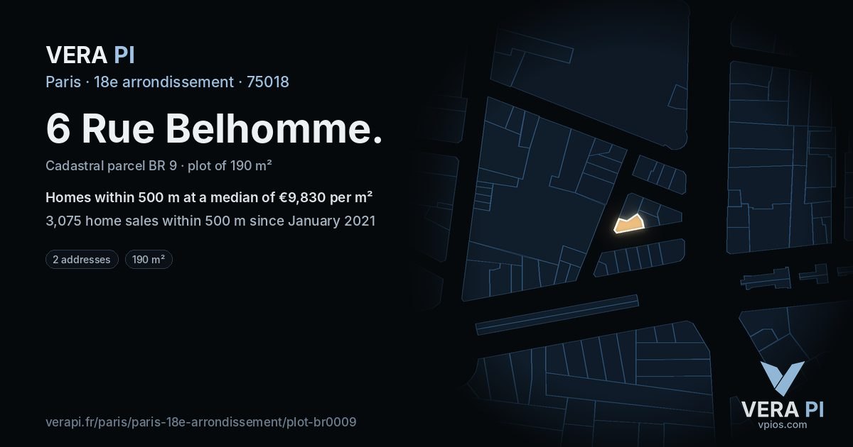 6 Rue Belhomme, 18e arrondissement at night – the plot lit, the parcels around coloured by the prices near them