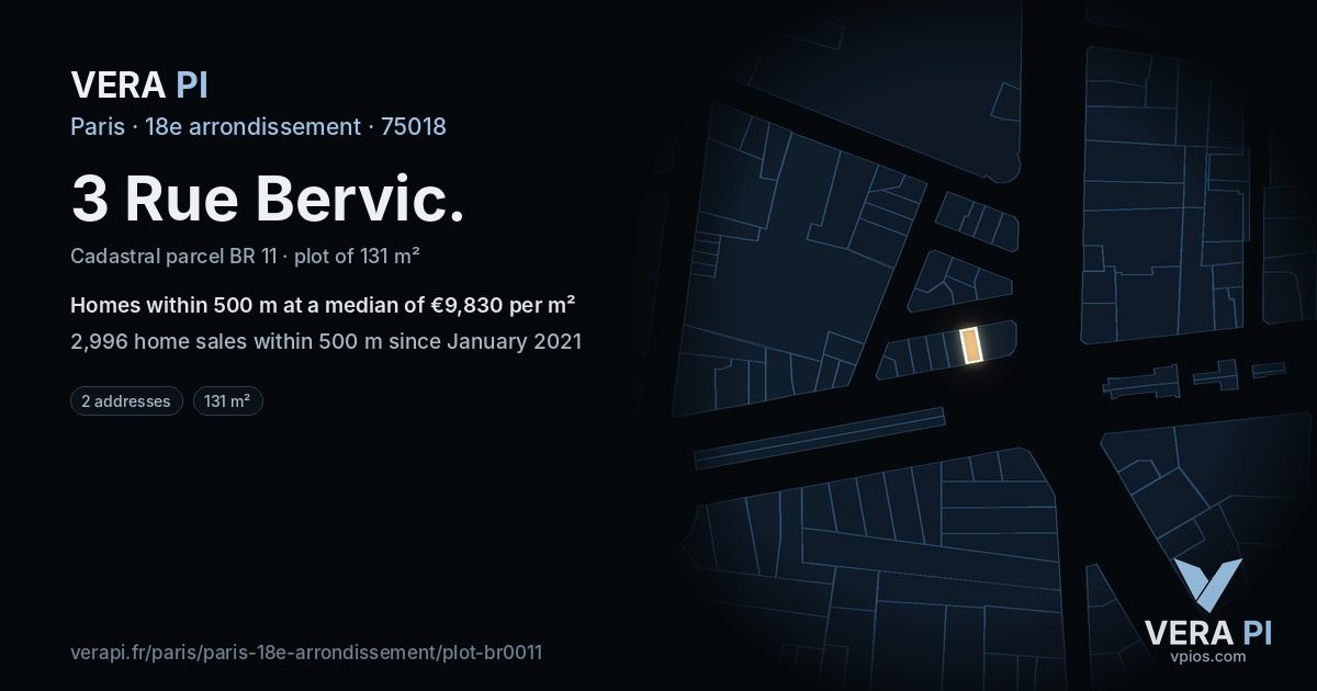 3 Rue Bervic, 18e arrondissement at night – the plot lit, the parcels around coloured by the prices near them