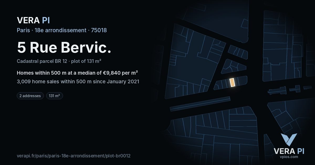 5 Rue Bervic, 18e arrondissement at night – the plot lit, the parcels around coloured by the prices near them