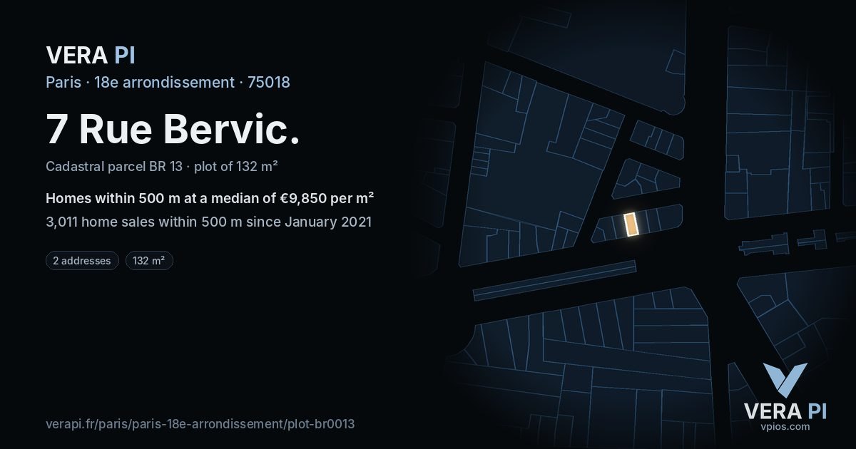 7 Rue Bervic, 18e arrondissement at night – the plot lit, the parcels around coloured by the prices near them