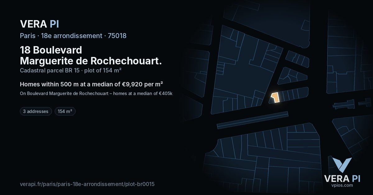 18 Boulevard Marguerite de Rochechouart, 18e arrondissement at night – the plot lit, the parcels around coloured by the prices near them