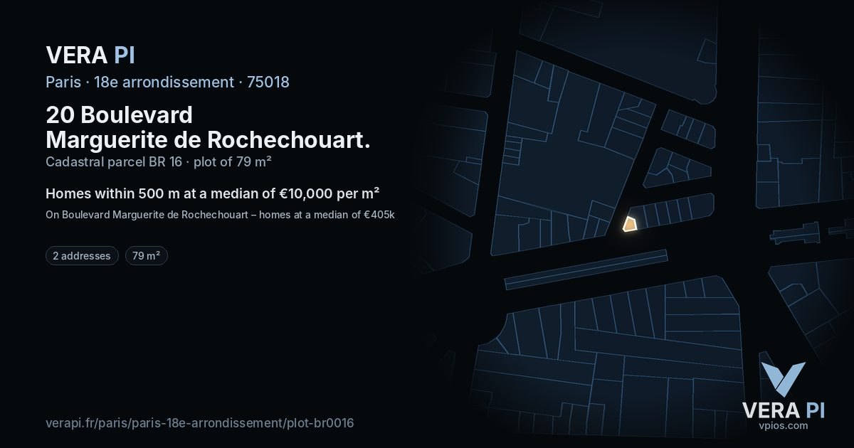 20 Boulevard Marguerite de Rochechouart, 18e arrondissement at night – the plot lit, the parcels around coloured by the prices near them