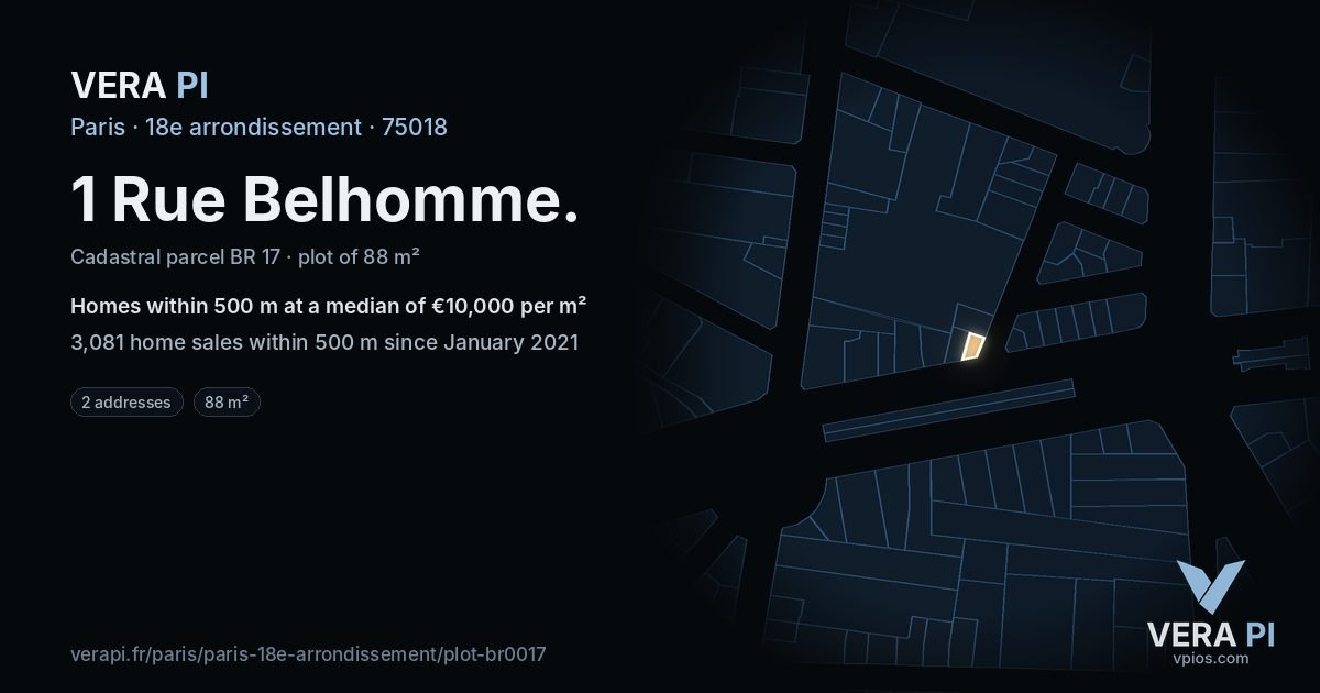 1 Rue Belhomme, 18e arrondissement at night – the plot lit, the parcels around coloured by the prices near them