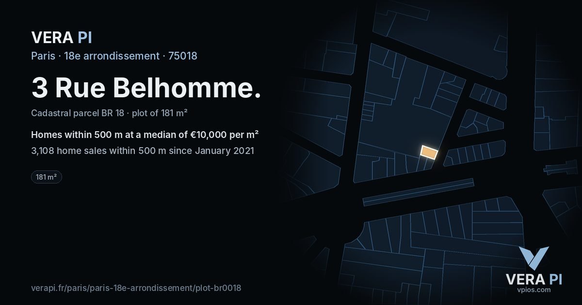 3 Rue Belhomme, 18e arrondissement at night – the plot lit, the parcels around coloured by the prices near them