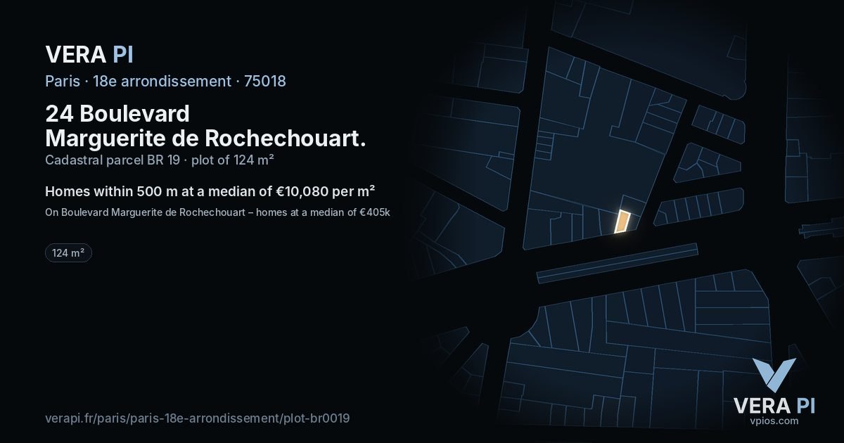 24 Boulevard Marguerite de Rochechouart, 18e arrondissement at night – the plot lit, the parcels around coloured by the prices near them