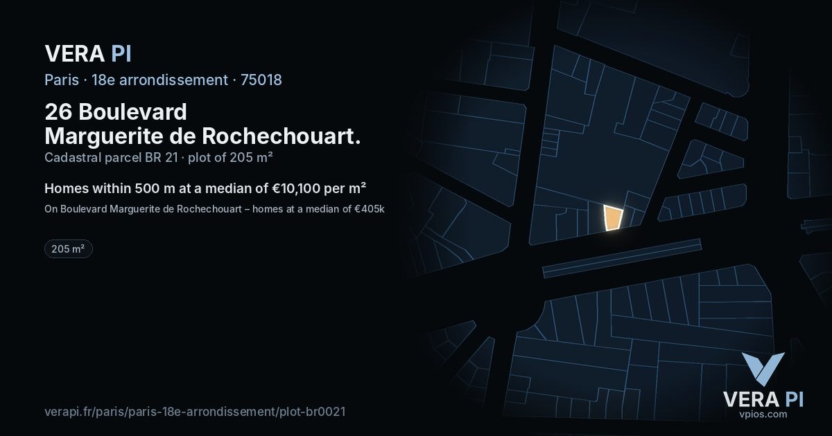 26 Boulevard Marguerite de Rochechouart, 18e arrondissement at night – the plot lit, the parcels around coloured by the prices near them
