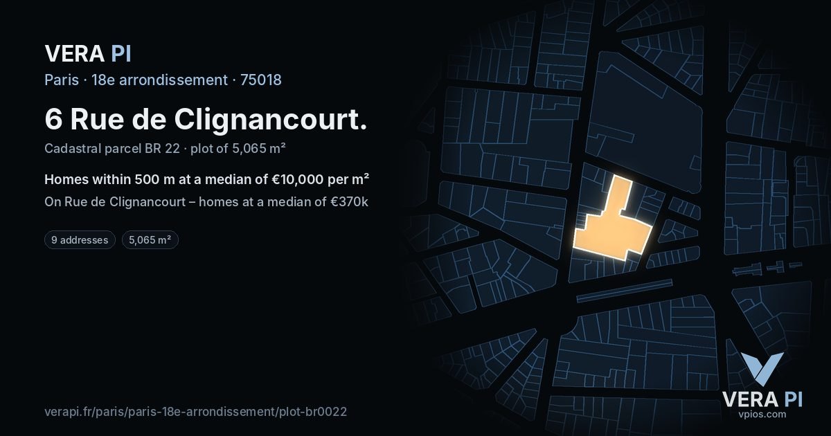 6 Rue de Clignancourt, 18e arrondissement at night – the plot lit, the parcels around coloured by the prices near them