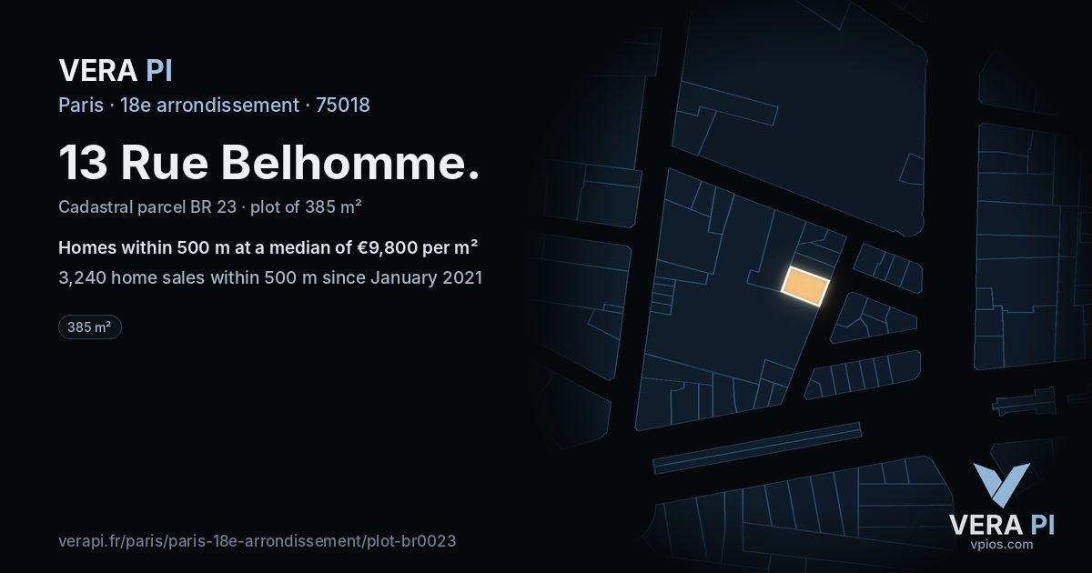 13 Rue Belhomme, 18e arrondissement at night – the plot lit, the parcels around coloured by the prices near them